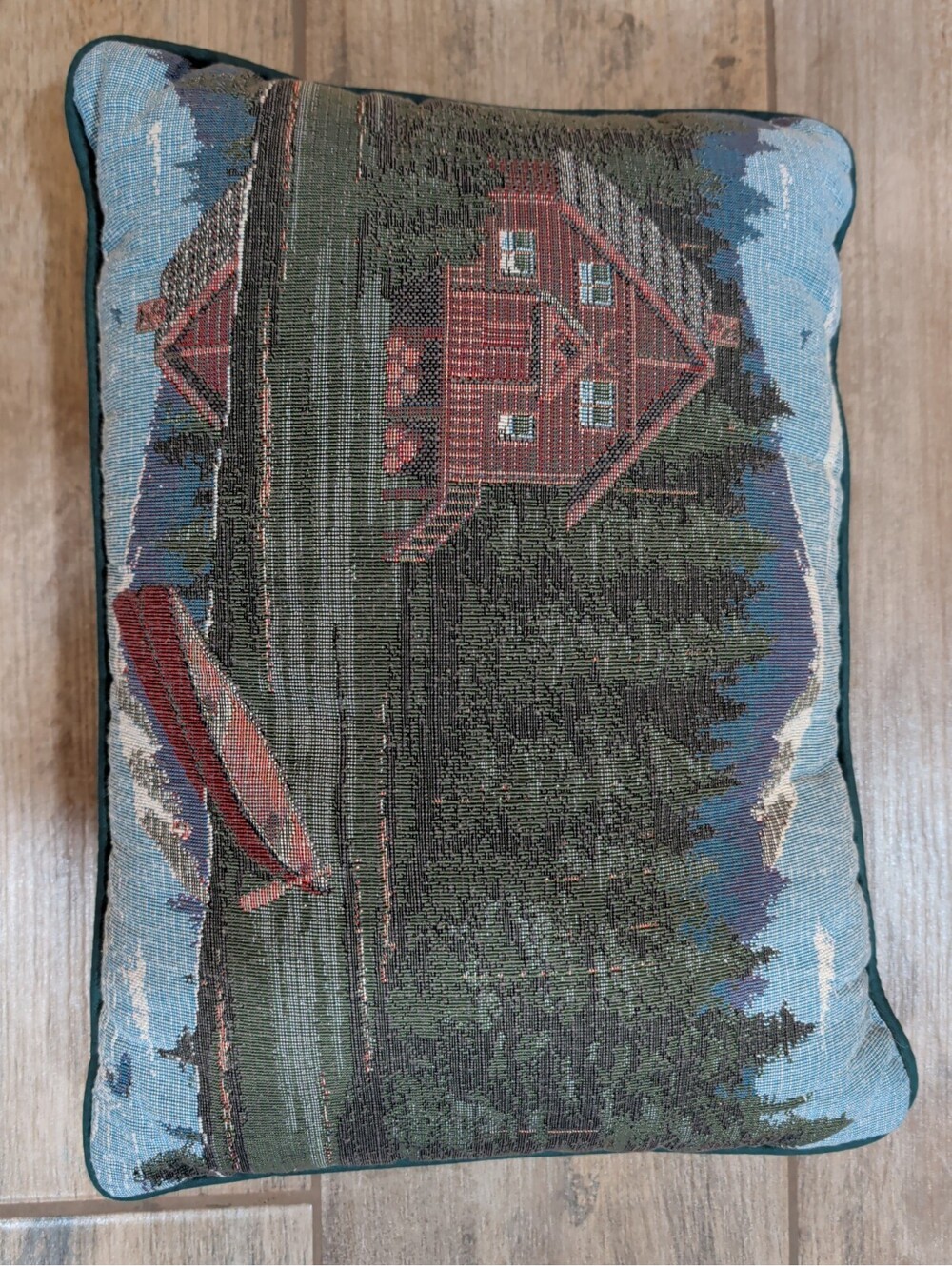 Vintage Woven Tapestry Accent Pillow 15.5" X 11.5" Log Cabin Canoe Lake...